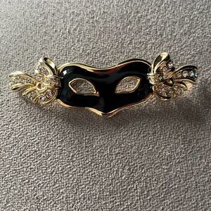 Vintage Brooch, Pendant, Gold & Black Rhinestone, Mardi Gras Mask